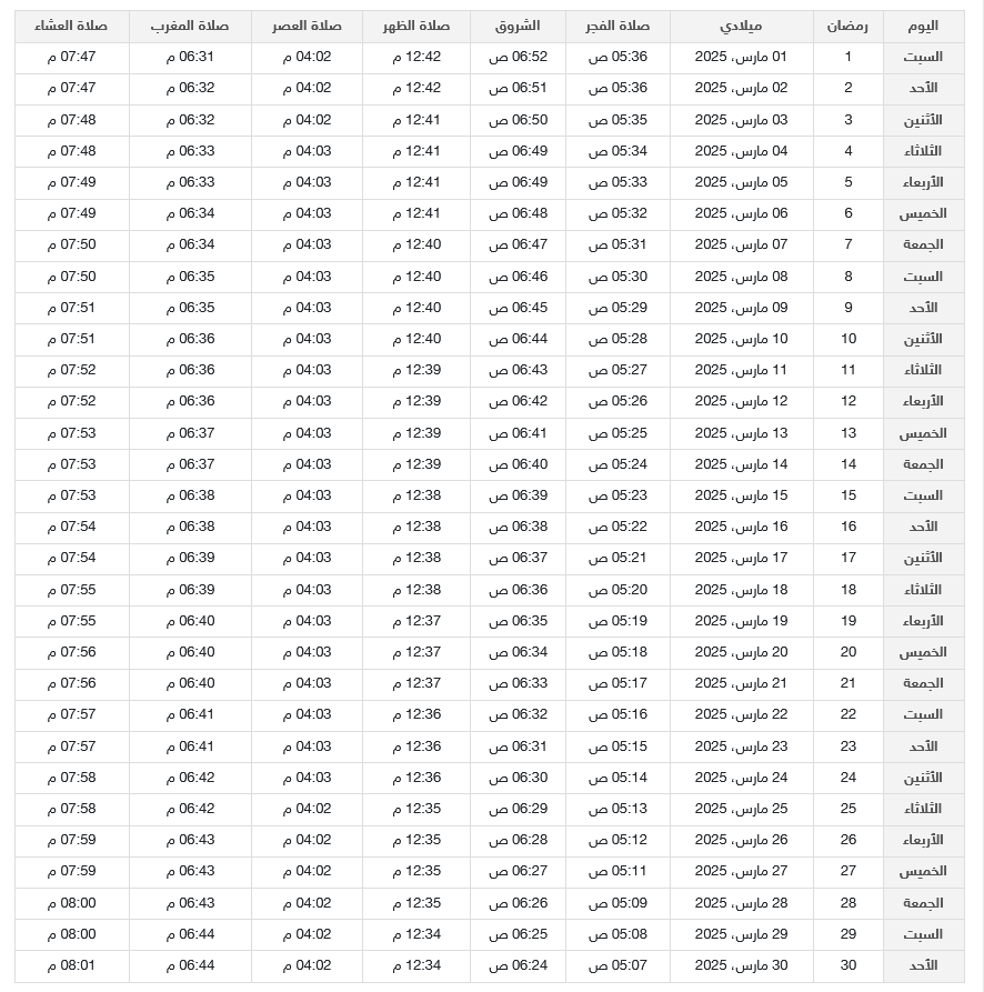 إمساكية رمضان 2025 المدينة المنورة